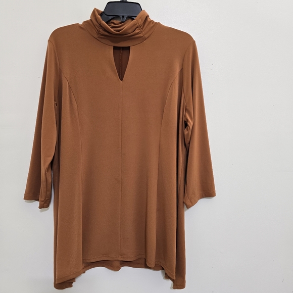 SUSAN GRAVER size Large Liquid Knit 3/4 Sleeve‎ Mock Neck Keyhole Tunic Copper - Picture 6 of 12
